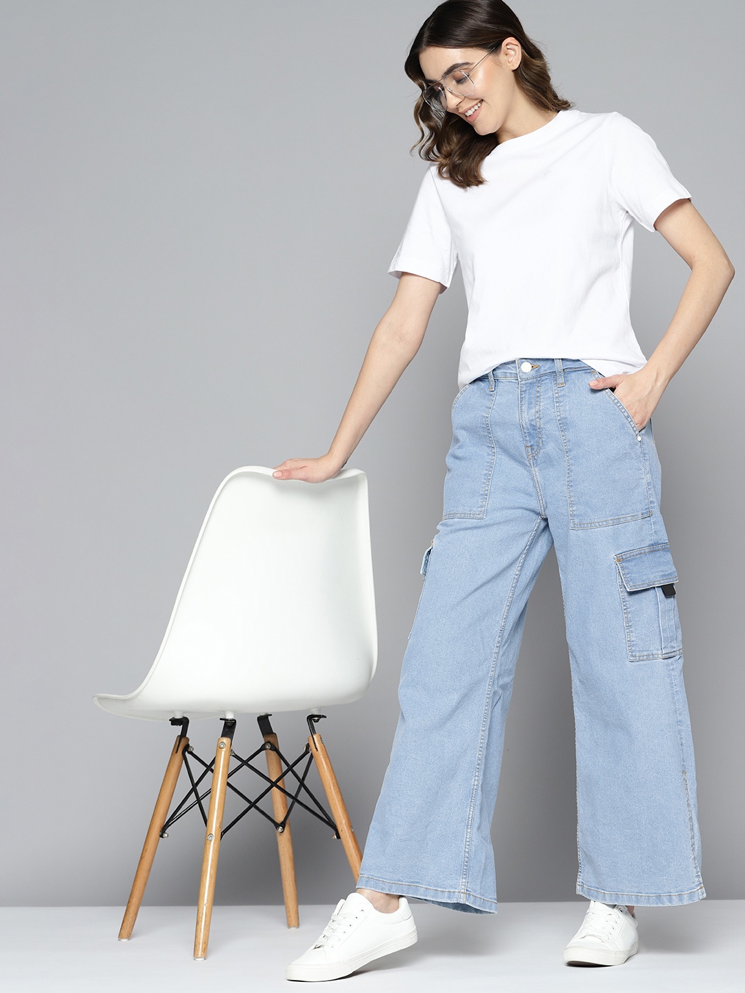

Mast & Harbour Women Wide Leg Stretchable Cargo Jeans, Blue