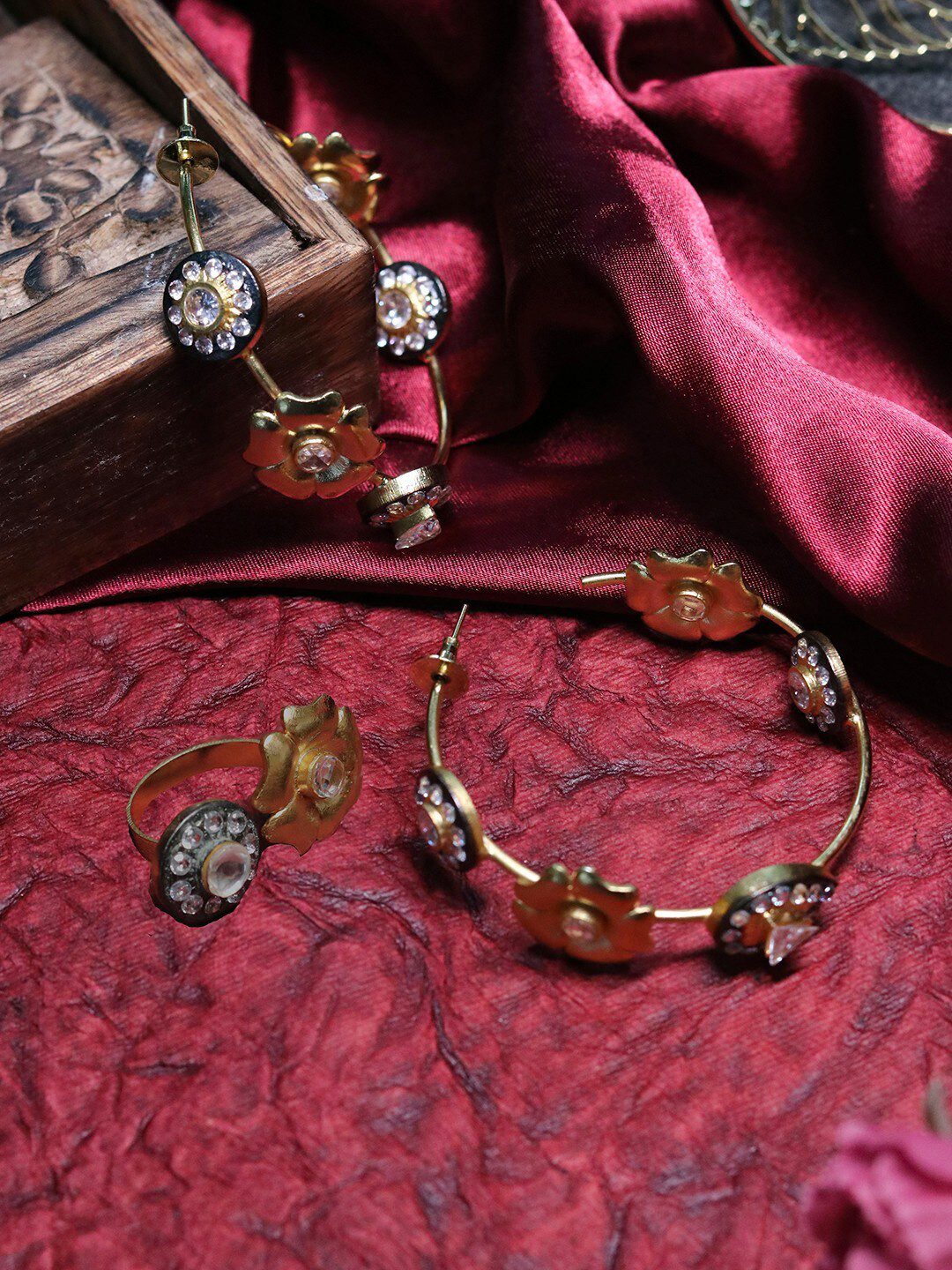 

Ishhaara Gold-Plated Two Tonned Flower Diamond Hoop Earrings and Finger Ring Set