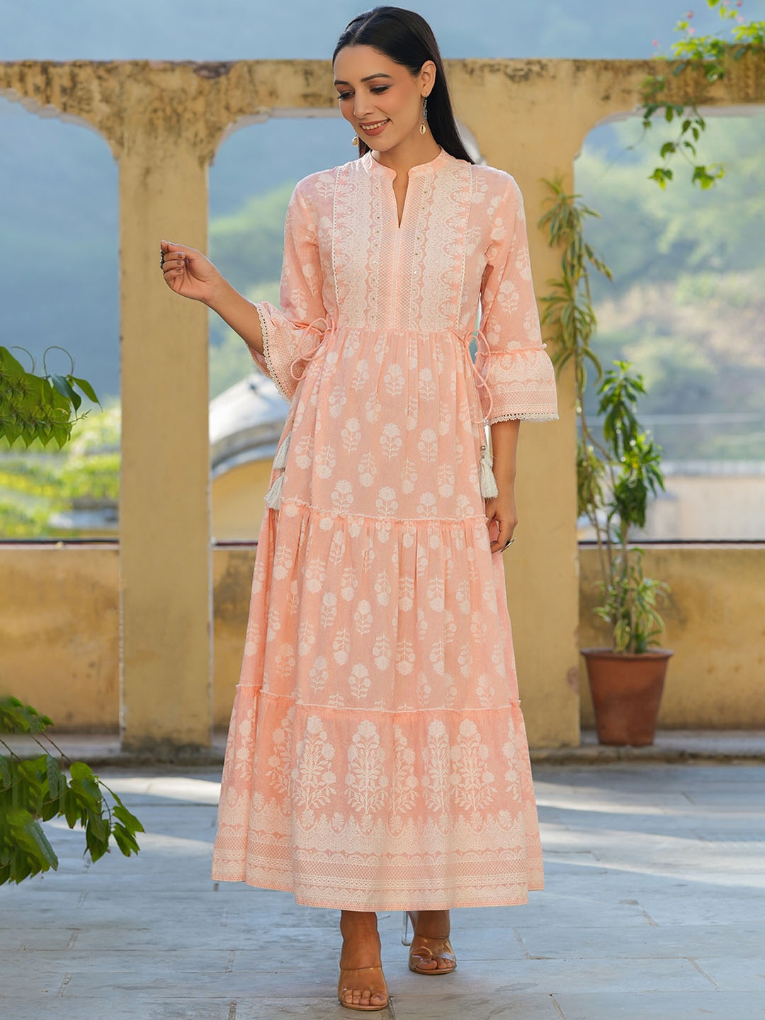 

Juniper Floral Printed Cotton Maxi Tiered Ethnic Dress, Peach