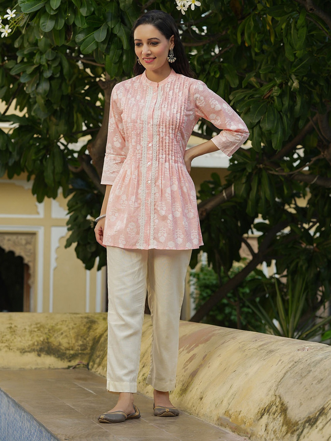 

Juniper Mandarin Collar Printed Tunic, Peach
