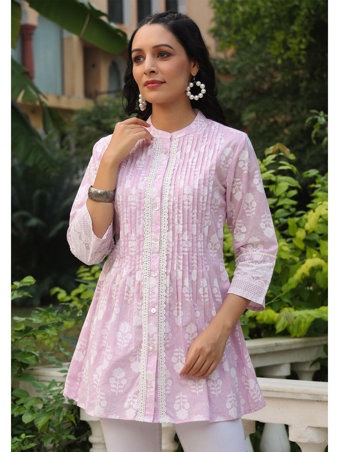 

Juniper Mandarin Collar Printed Tunic, Lavender