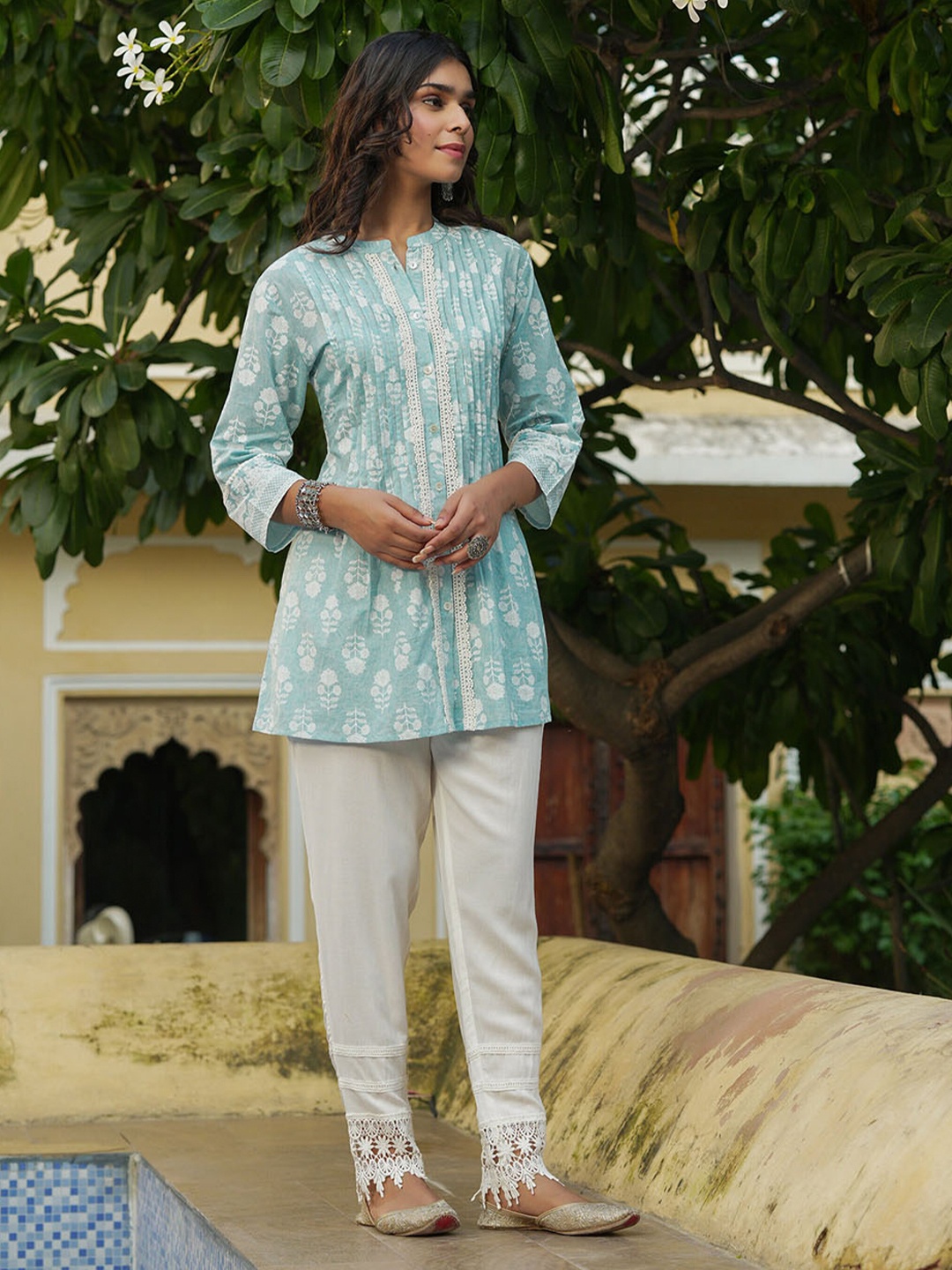 

Juniper Mandarin Collar Printed Tunic, Blue