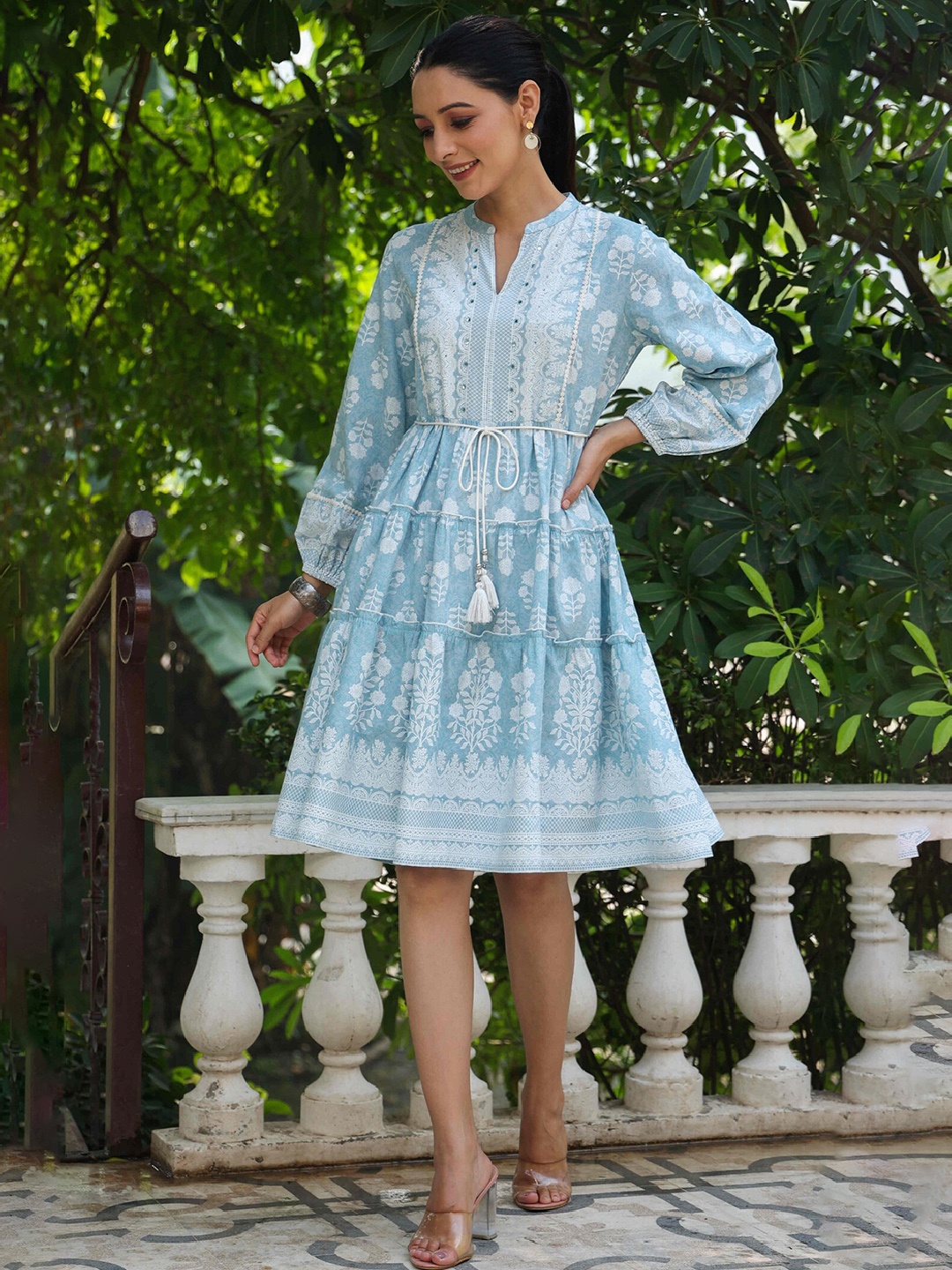 

Juniper Floral Printed Fit and Flare Ethnic Dresses, Turquoise blue