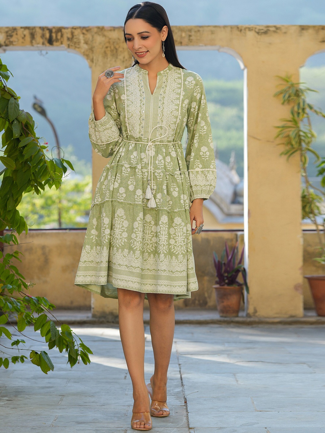 

Juniper Floral Printed Fit and Flare Ethnic Dresses, Green
