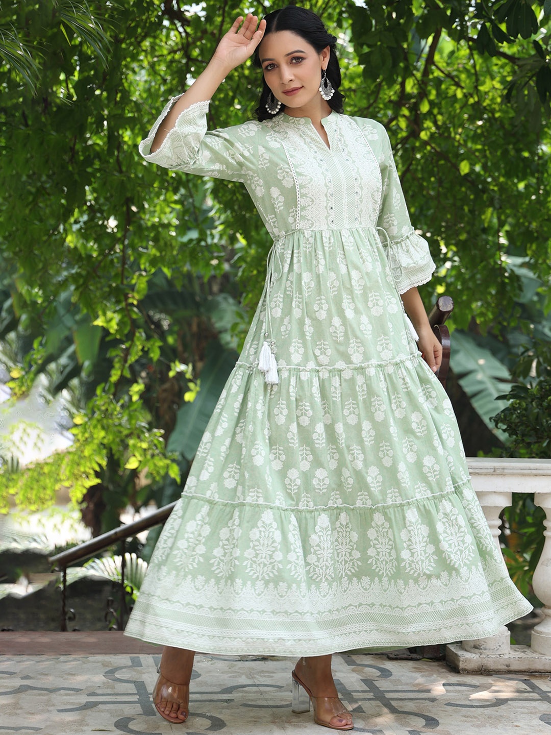 

Juniper Floral Printed Cotton Maxi Tiered Ethnic Dress, Green