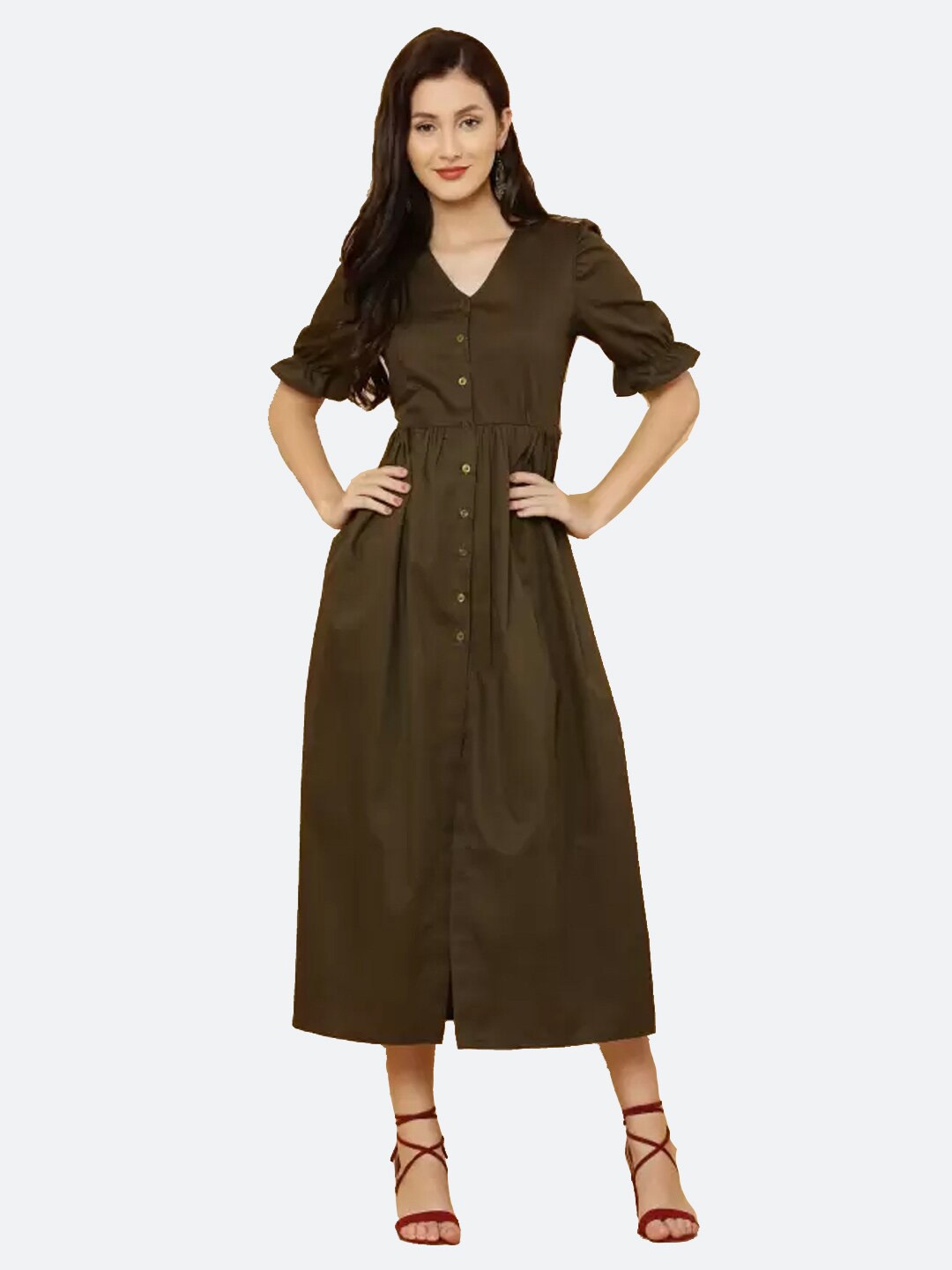 

SQew Front Slit V-Neck Fit & Flare Midi Dress, Brown