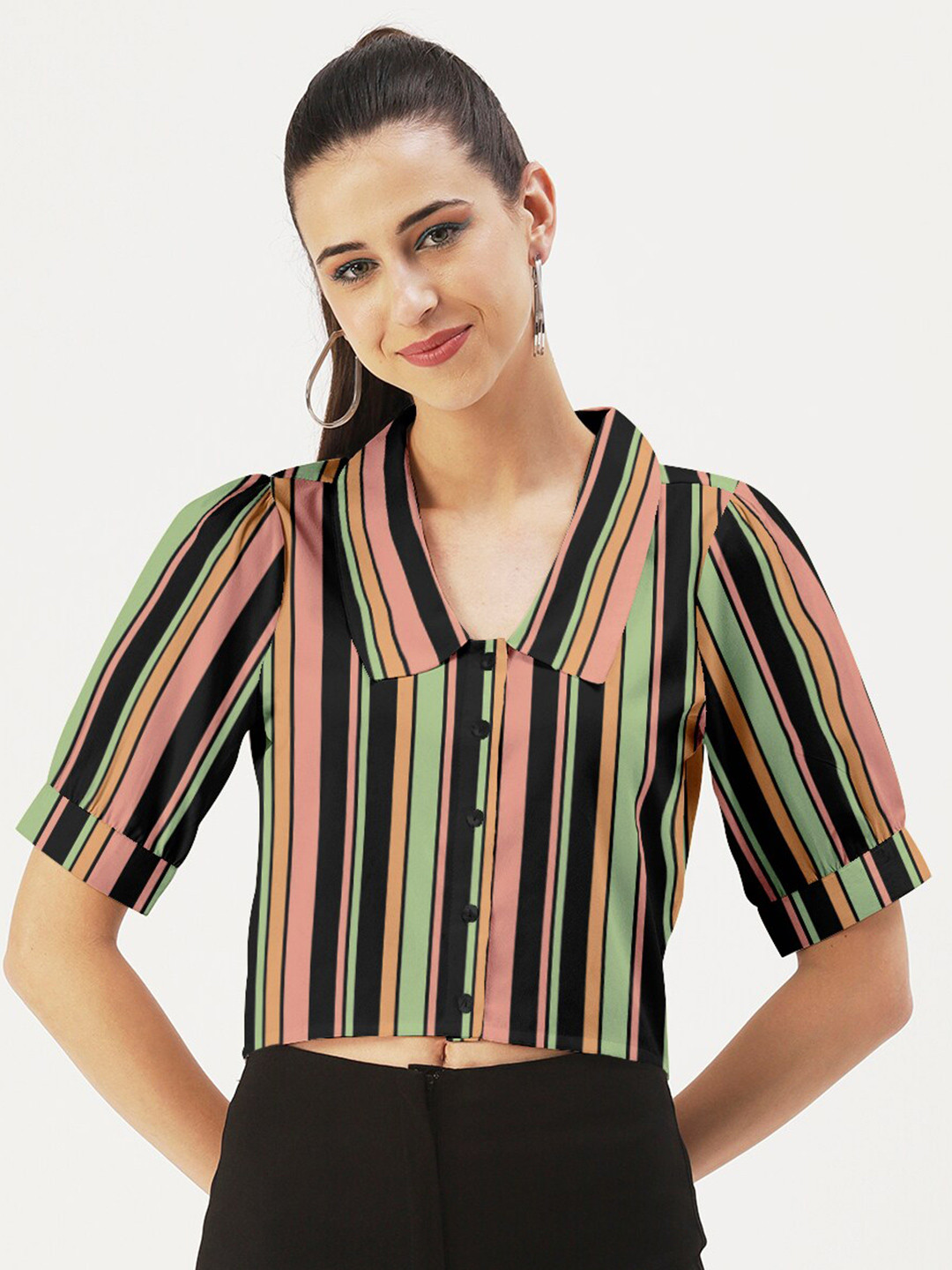 

DressBerry Striped Crepe Shirt Style Crop Top, Black