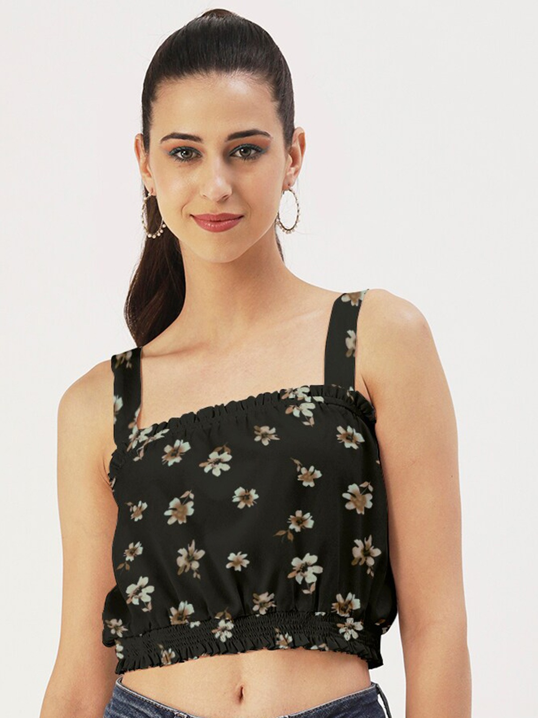 

DressBerry Floral Print Crepe Crop Top, Black