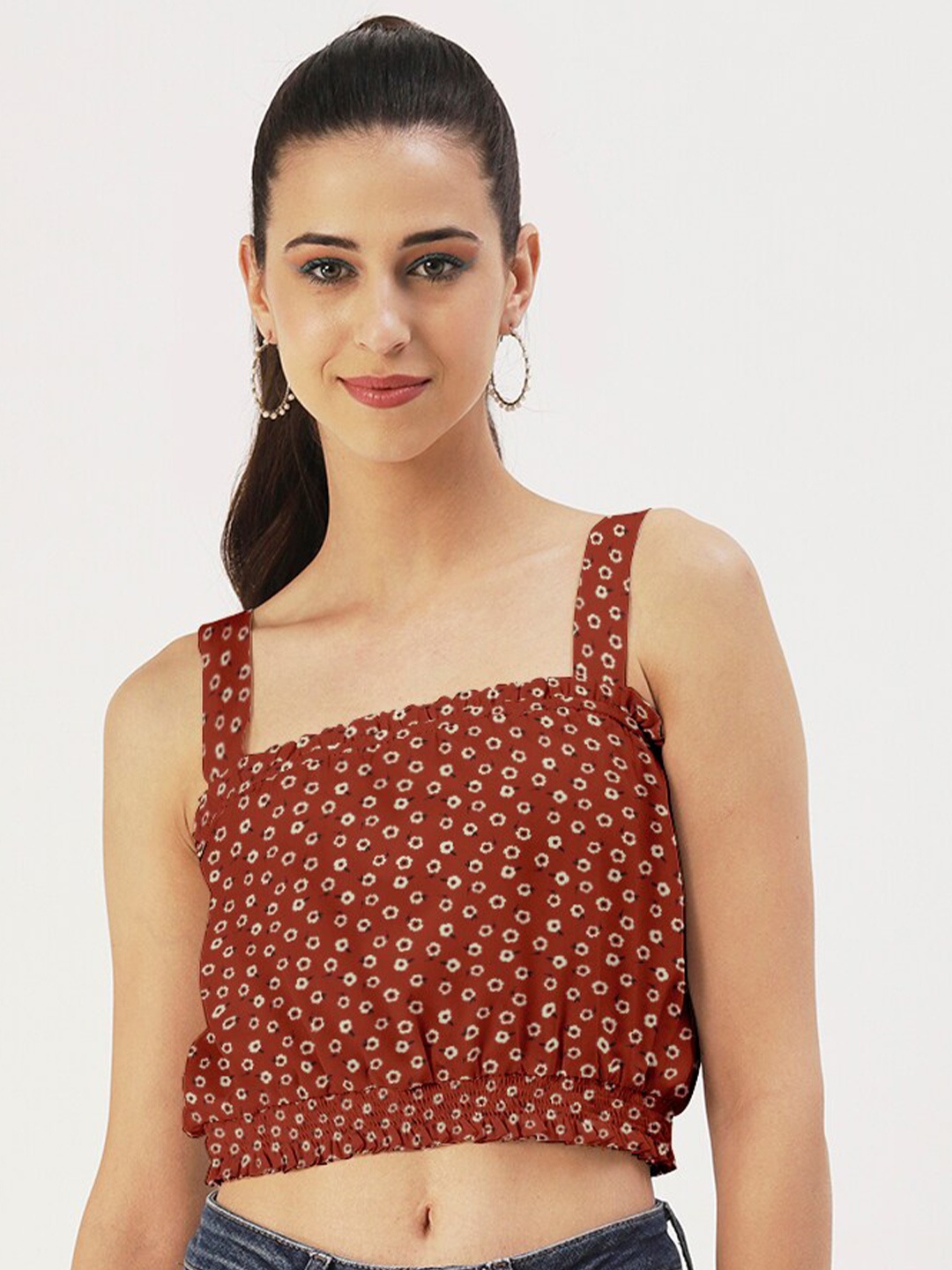 

DressBerry Floral Print Crepe Crop Top, Rust