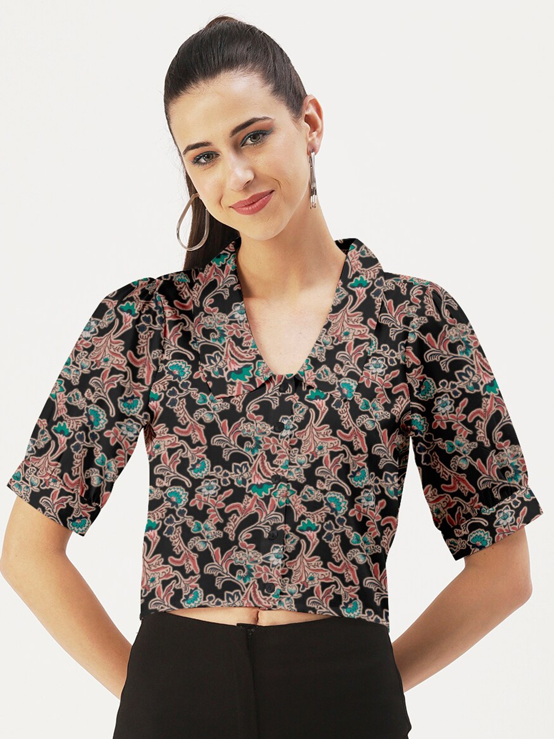 

DressBerry Floral Print Crepe Crop Top, Black