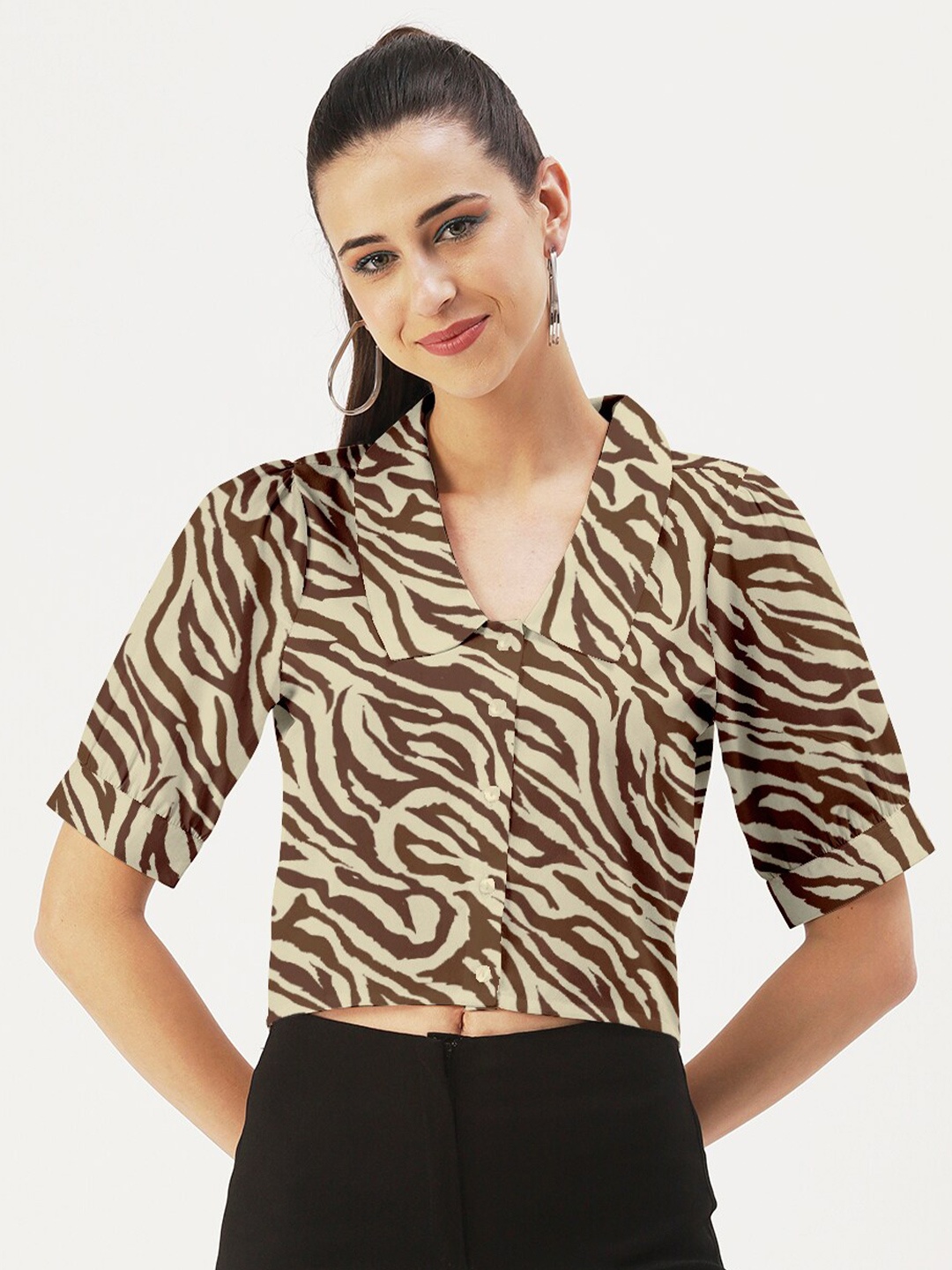 

DressBerry Animal Print Crepe Crop Top, Brown