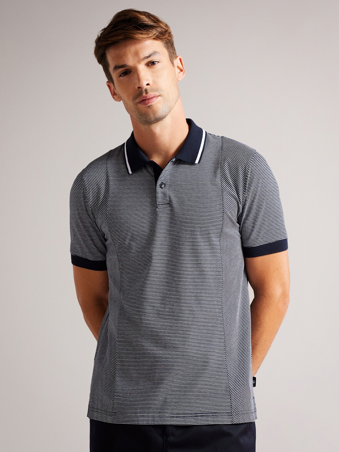 

Ted Baker Men Striped Polo Collar Pure Cotton T-shirt, Navy blue