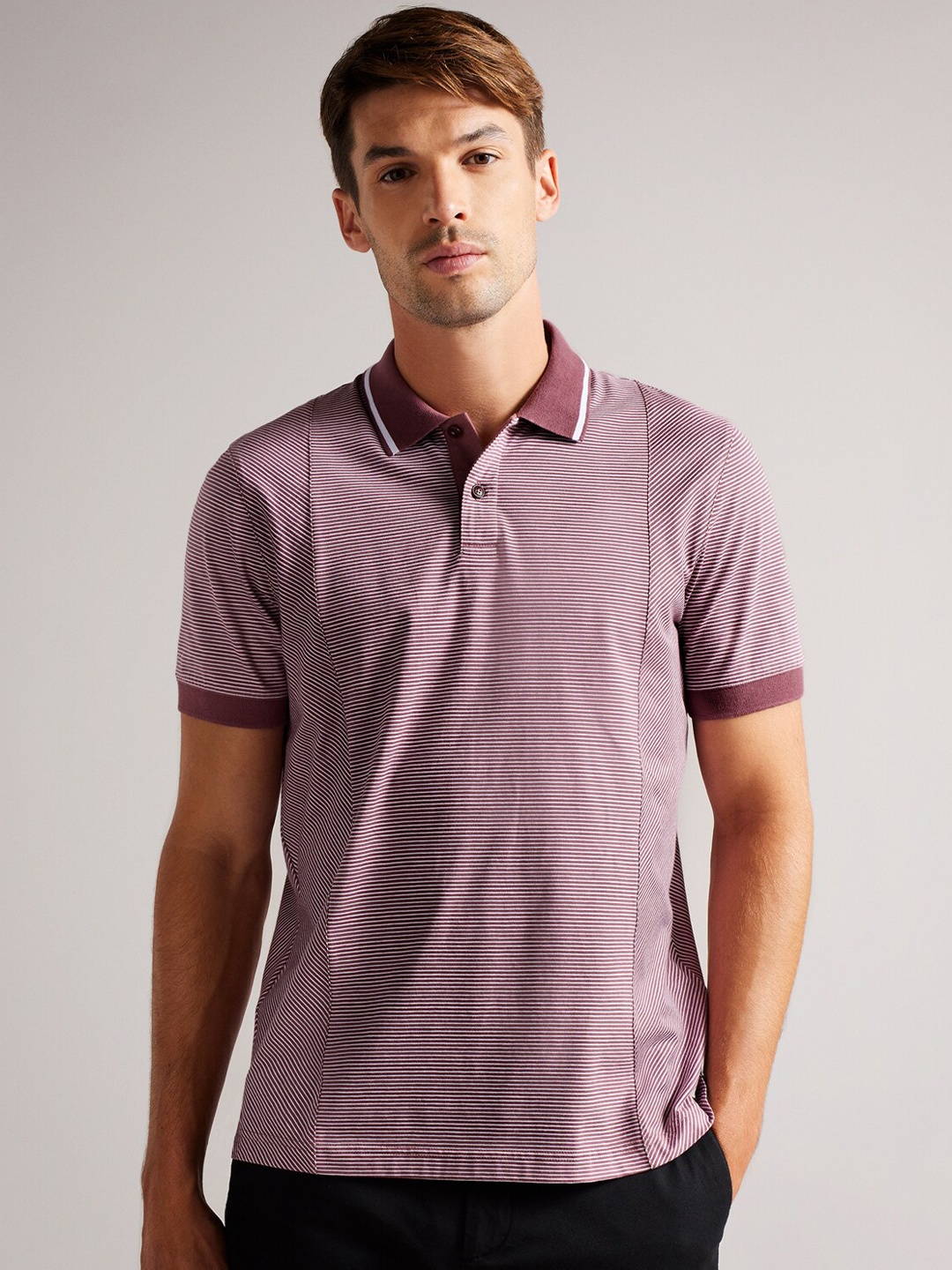 

Ted Baker Men Striped Polo Collar Pure Cotton T-shirt, Red