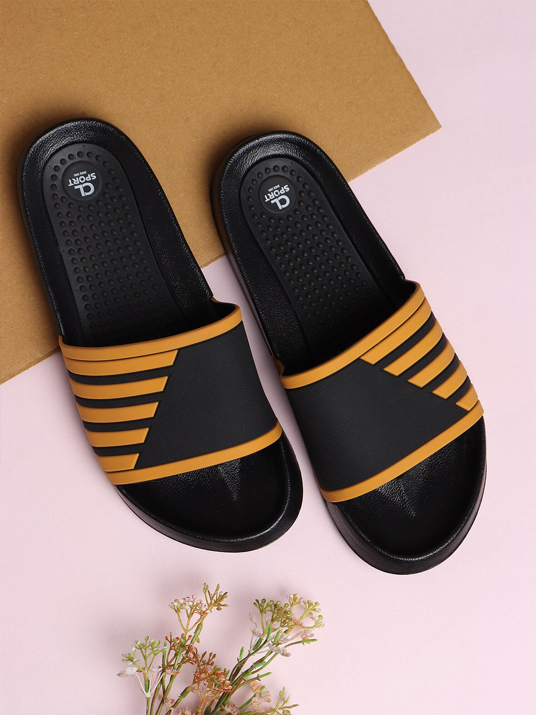 

Carlton London sports Men Striped Sliders, Yellow
