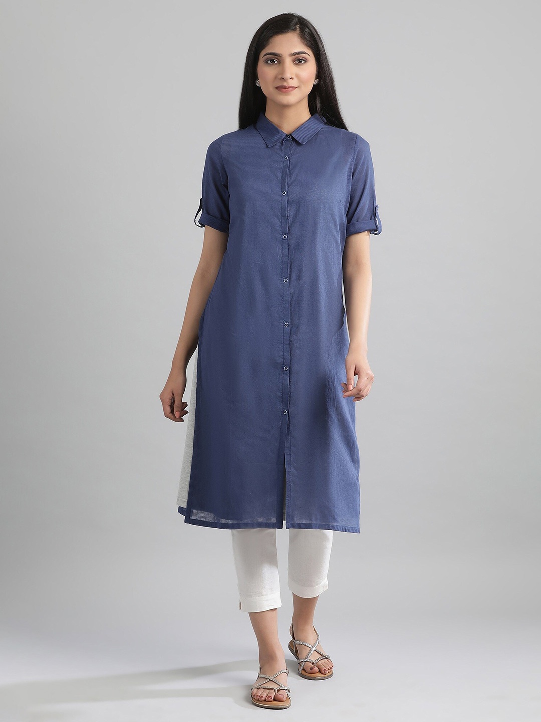 

AURELIA Women Shirt Collar Panelled Kurta with Trousers, Blue