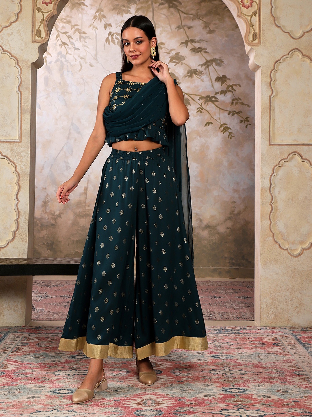 

AURELIA Sequin Embroidery Boat Neck Crop Top with Attached Dupatta & Semi Flared Pants Set, Blue
