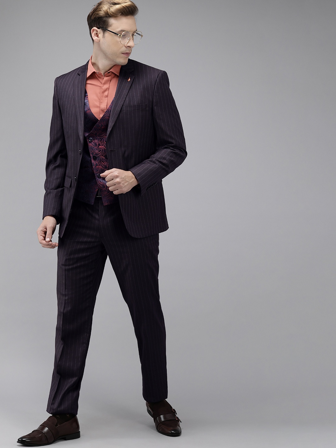 

Van Heusen Striped Slim-Fit Single-Breasted Formal Three-Piece Suit, Purple