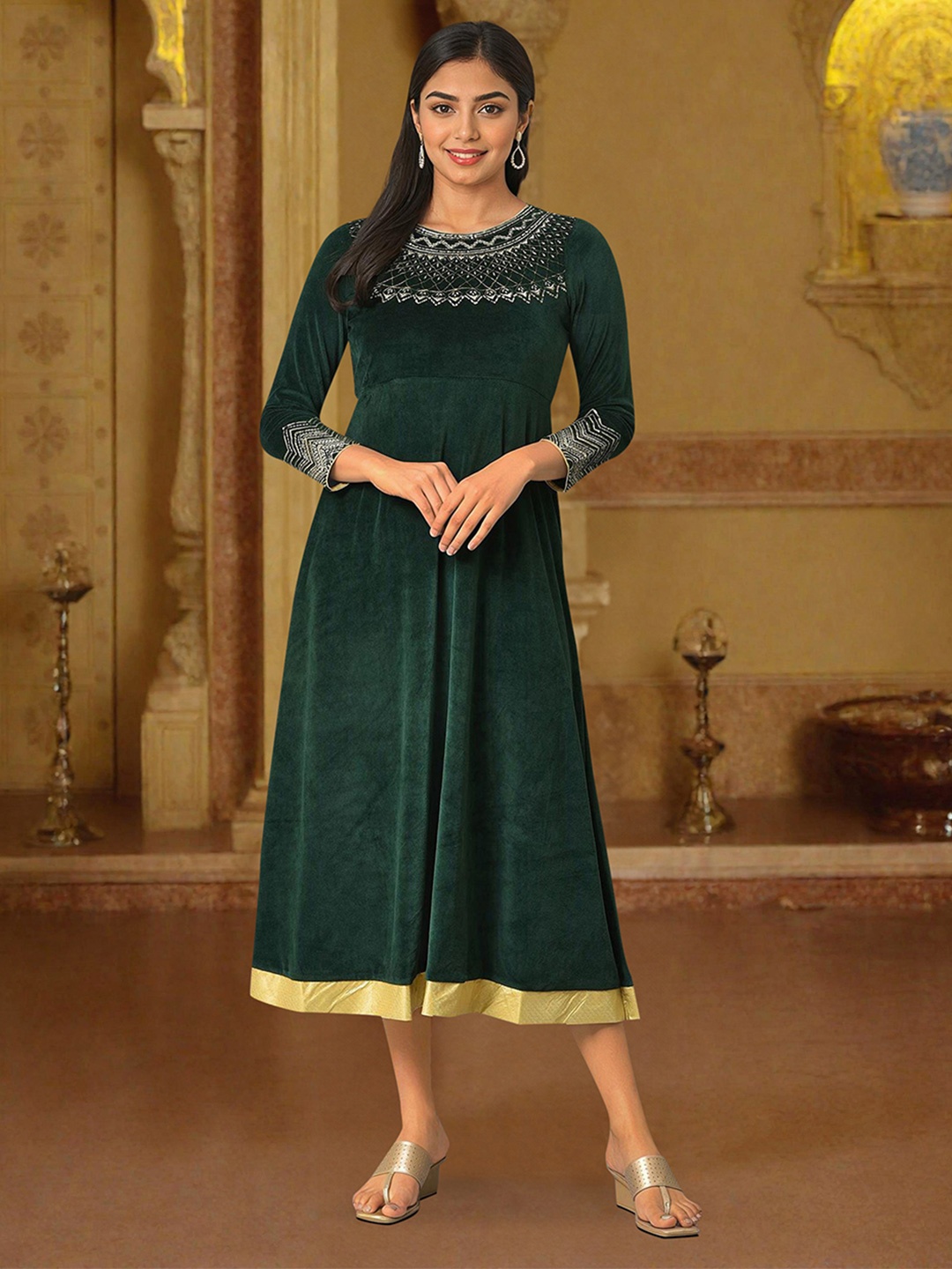 

AURELIA Sequined Detailed A-Line Midi Ethnic Dress, Green