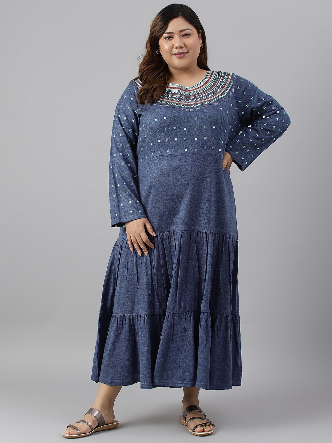 

AURELIA Plus Size Ethnic Motifs Printed Acrylic A-Line Midi Dress, Blue