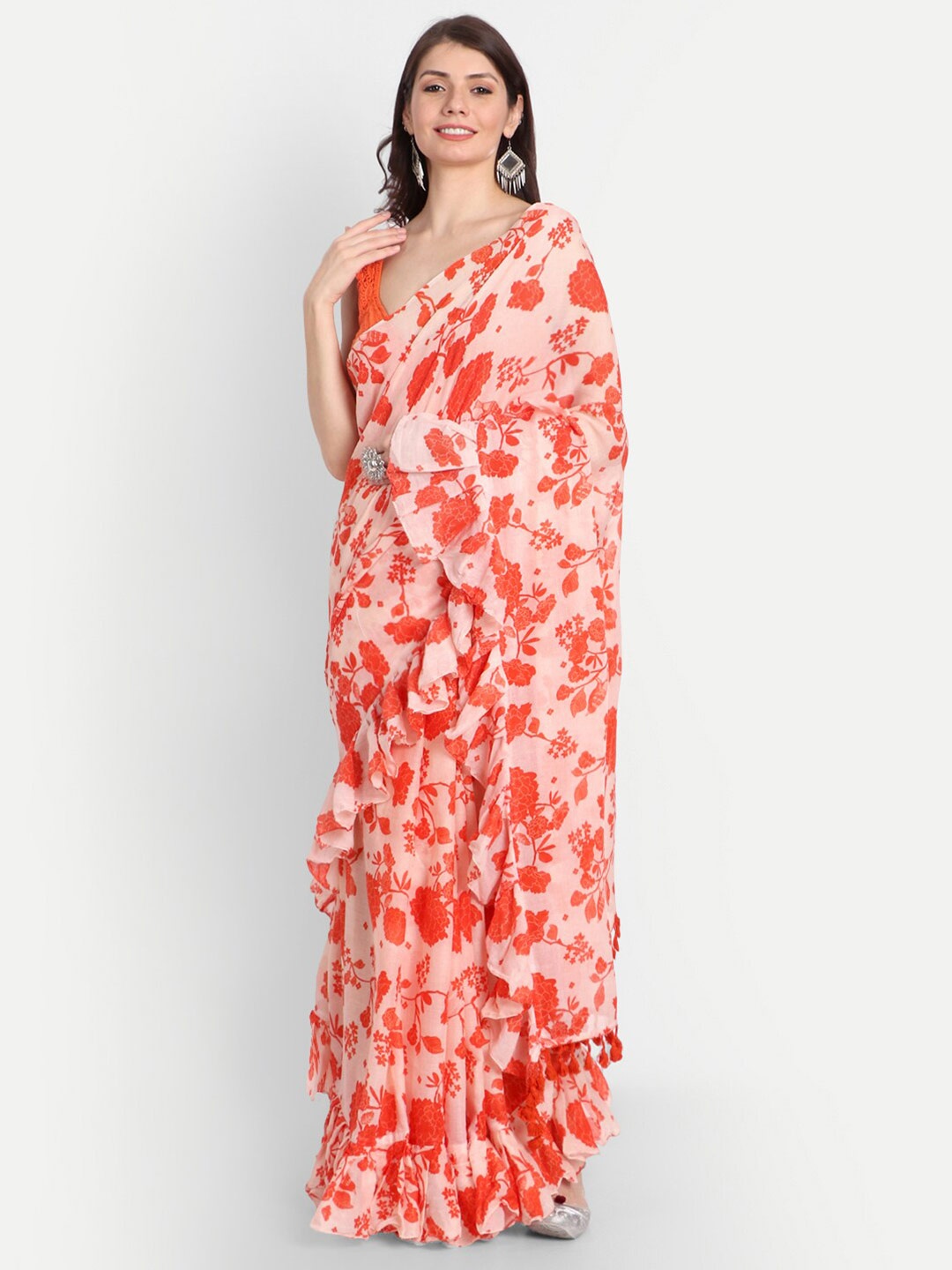 

KAPASRITI Floral Pure Cotton Saree, Orange