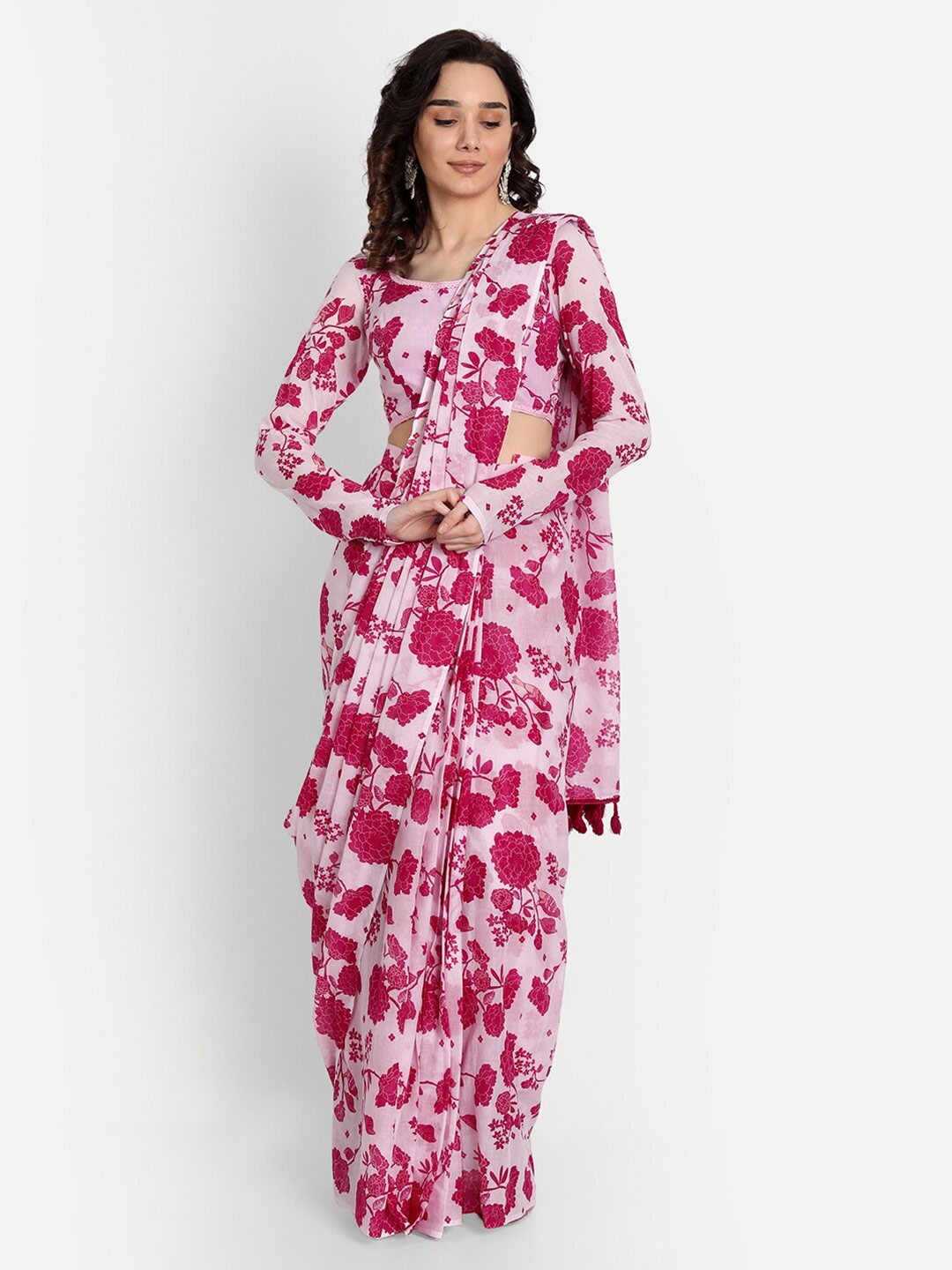 

KAPASRITI Floral Pure Cotton Ready to Wear Saree, Pink
