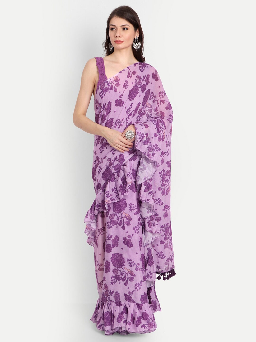 

KAPASRITI Floral Pure Cotton Saree, Purple