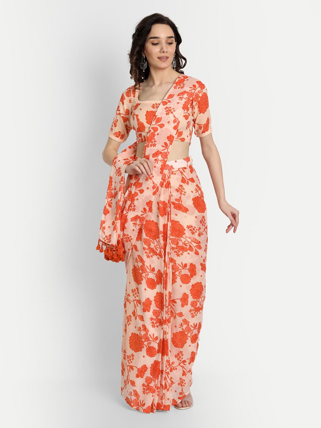 

KAPASRITI Floral Pure Cotton Ready to Wear Saree, Orange