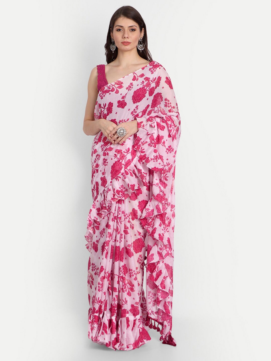 

KAPASRITI Floral Printed Pure Cotton Saree, Pink