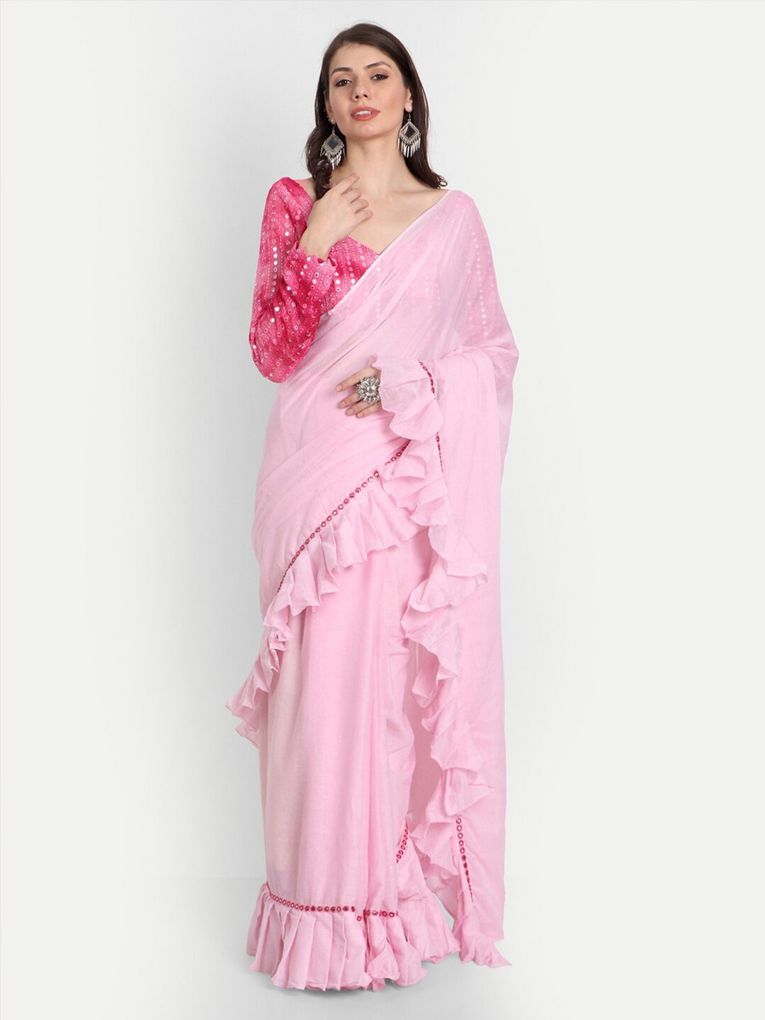 

KAPASRITI Mirror Work Pure Cotton Saree, Pink