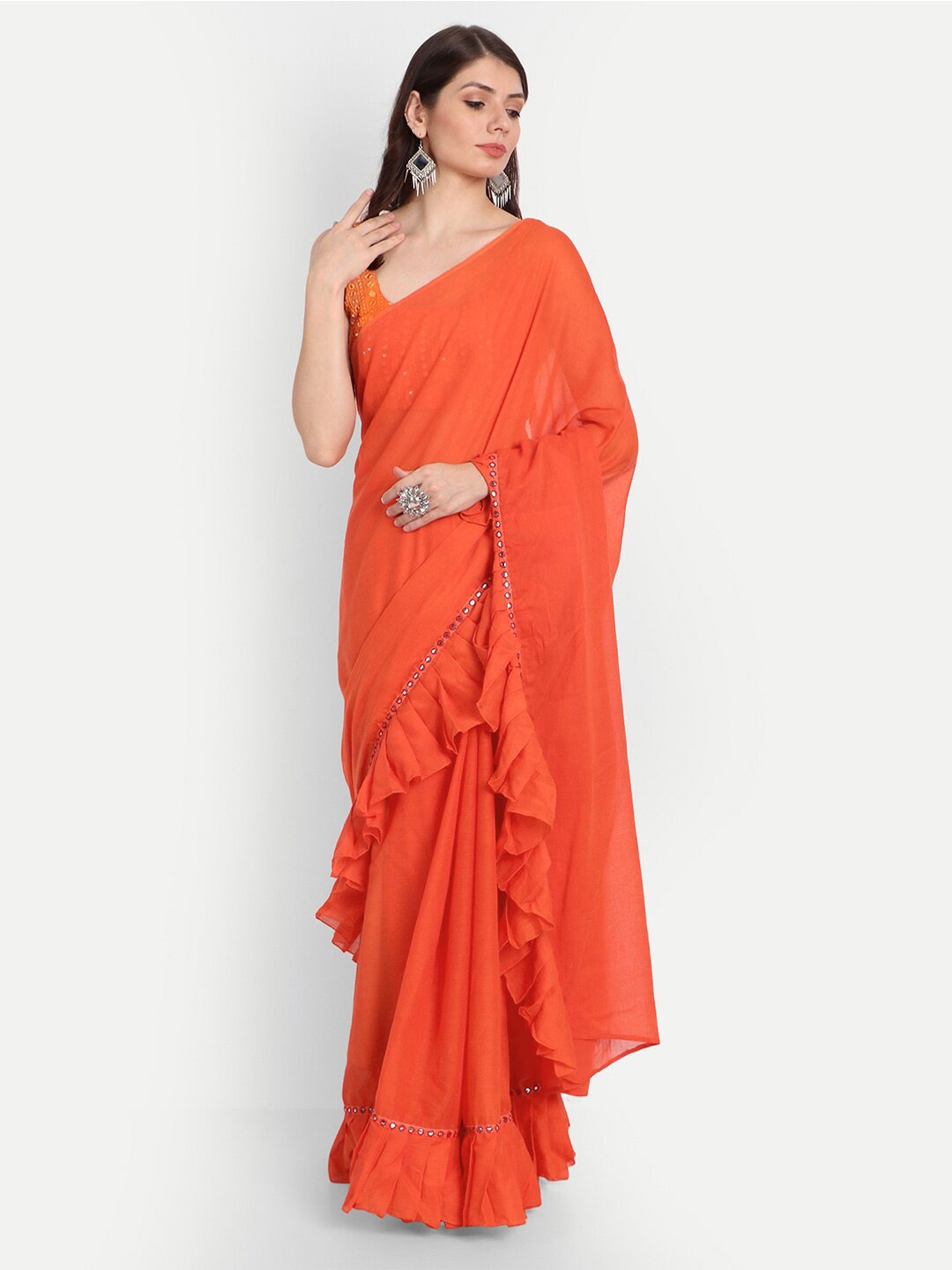 

KAPASRITI Mirror Work Pure Cotton Saree, Orange