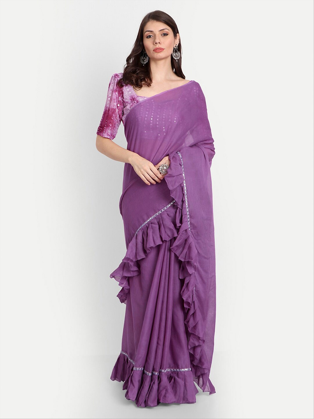 

KAPASRITI Mirror Work Pure Cotton Saree, Purple