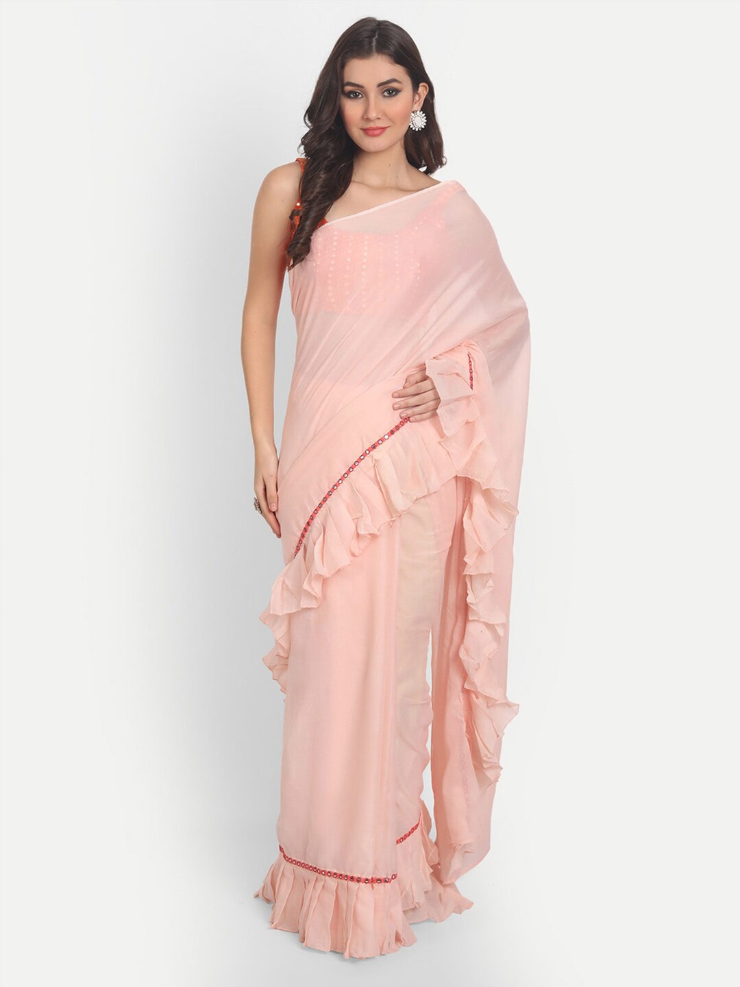 KAPASRITI Mirror Work Pure Cotton Saree, Peach