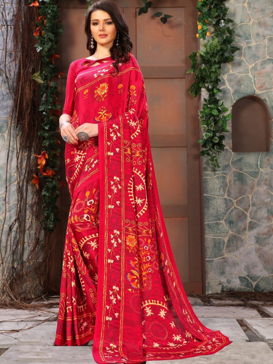 

Kasak Red & Yellow Floral Pure Crepe Saree