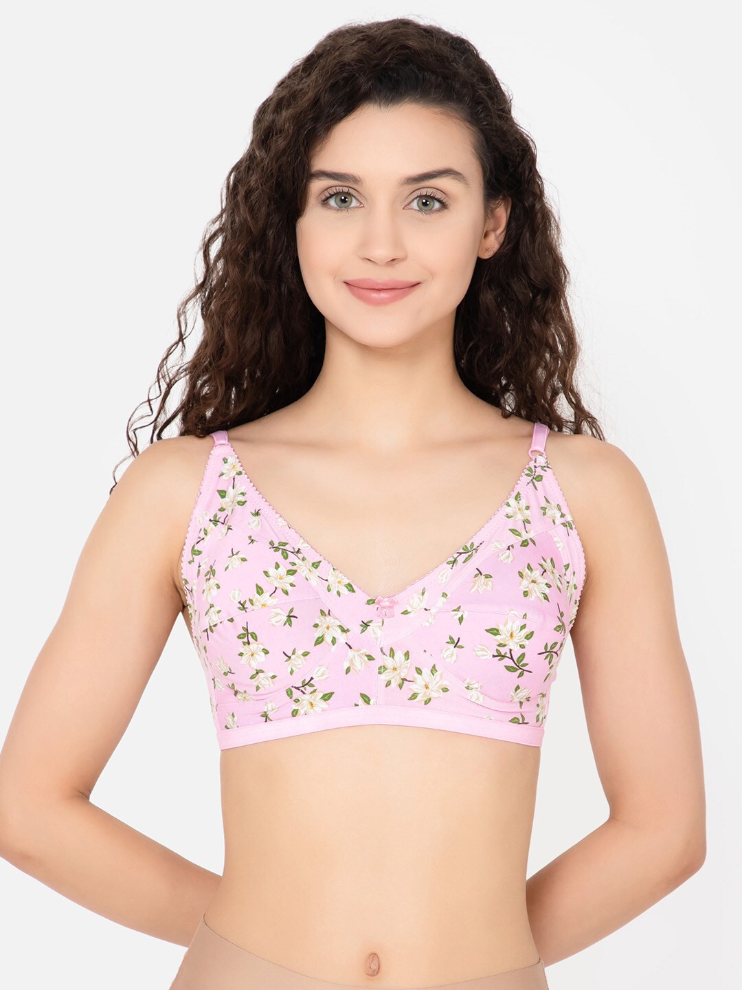 

Clovia Women Non-Padded Non-Wired Floral Print M-Frame Cotton Rich Bra, Pink