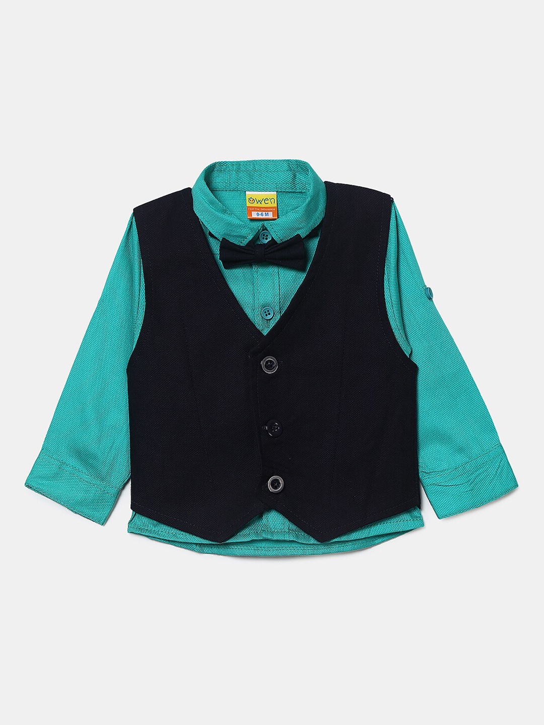 

V-Mart Boys Solid Cotton Regular Fit Shirt With Waistcoat, Turquoise blue