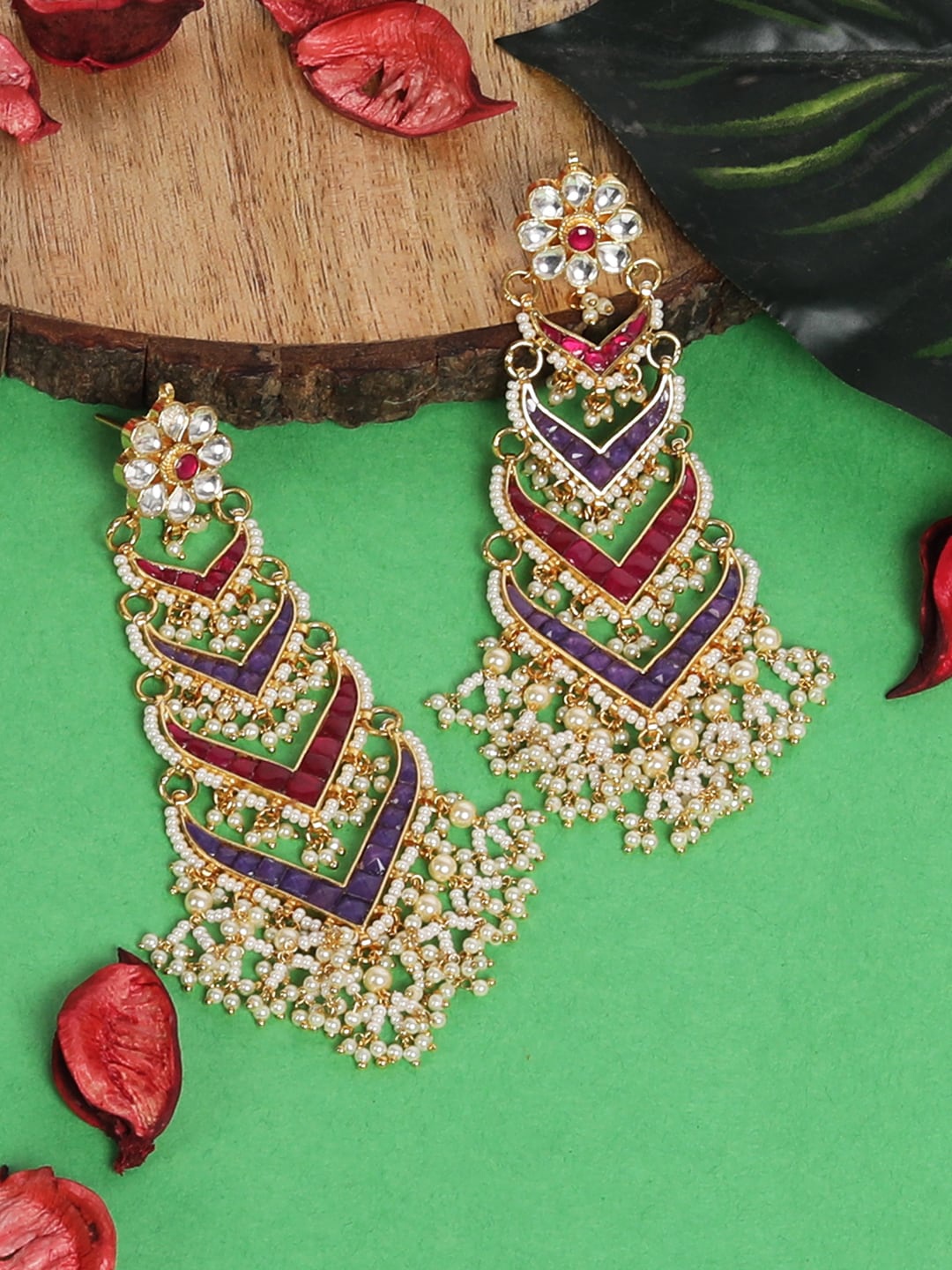 

AURAA TRENDS Pack Of 2 Gold-Plated Contemporary Drop Earrings, Red