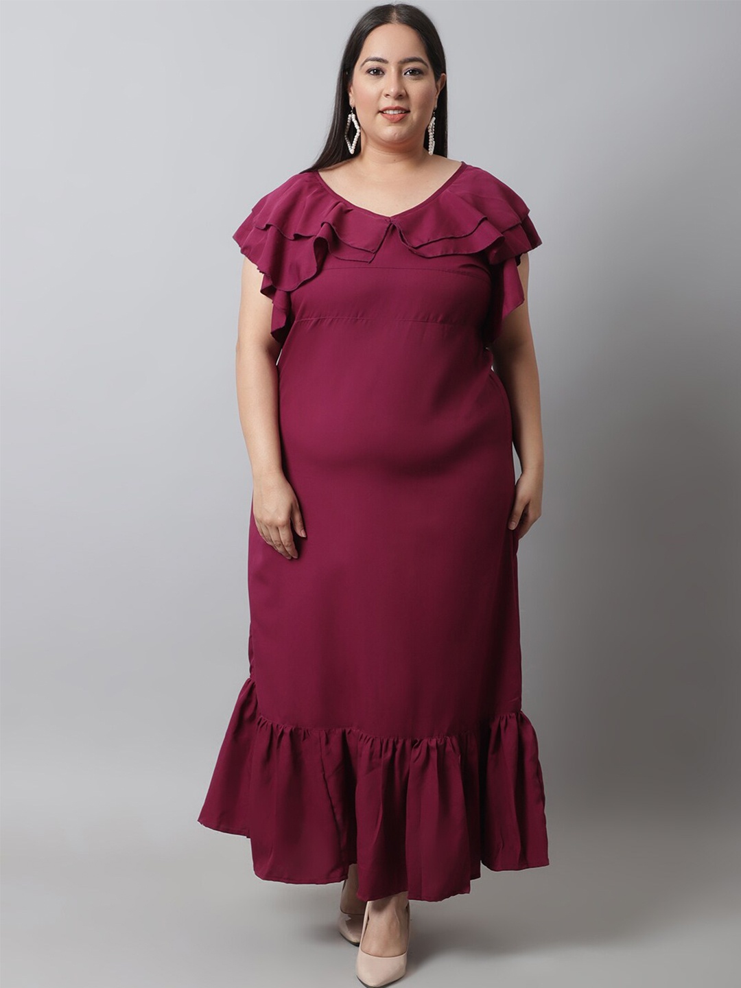 

Flambeur Plus Size V Neck Maxi Dress, Maroon