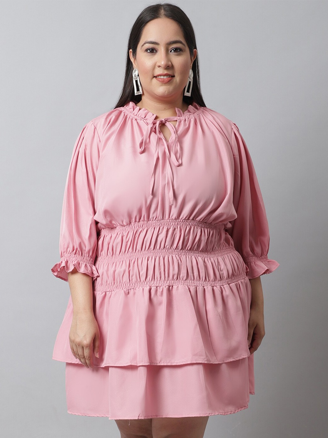 

Flambeur Plus Size Tie-Up Neck Dress, Pink