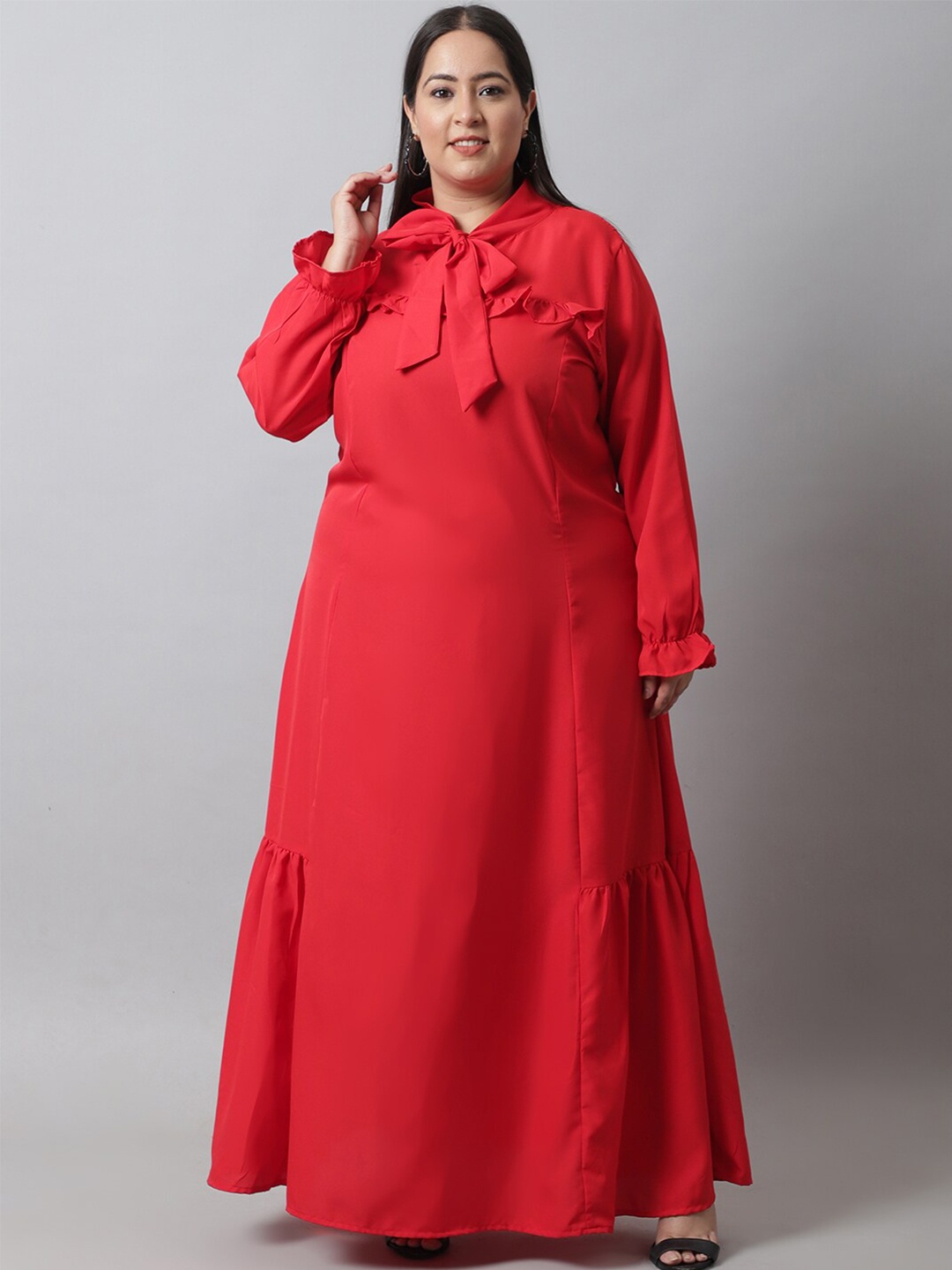 

Flambeur Plus Size Tie-Up Neck Maxi Dress, Red