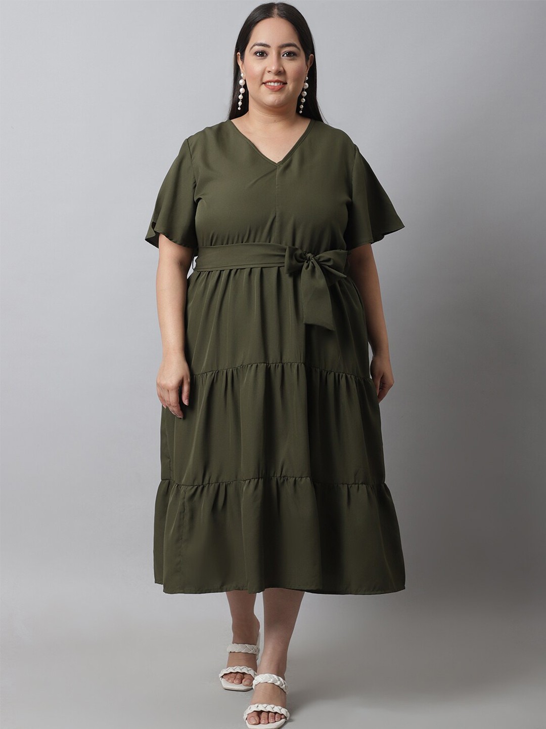 

Flambeur Plus Size V Neck Midi Dress, Olive
