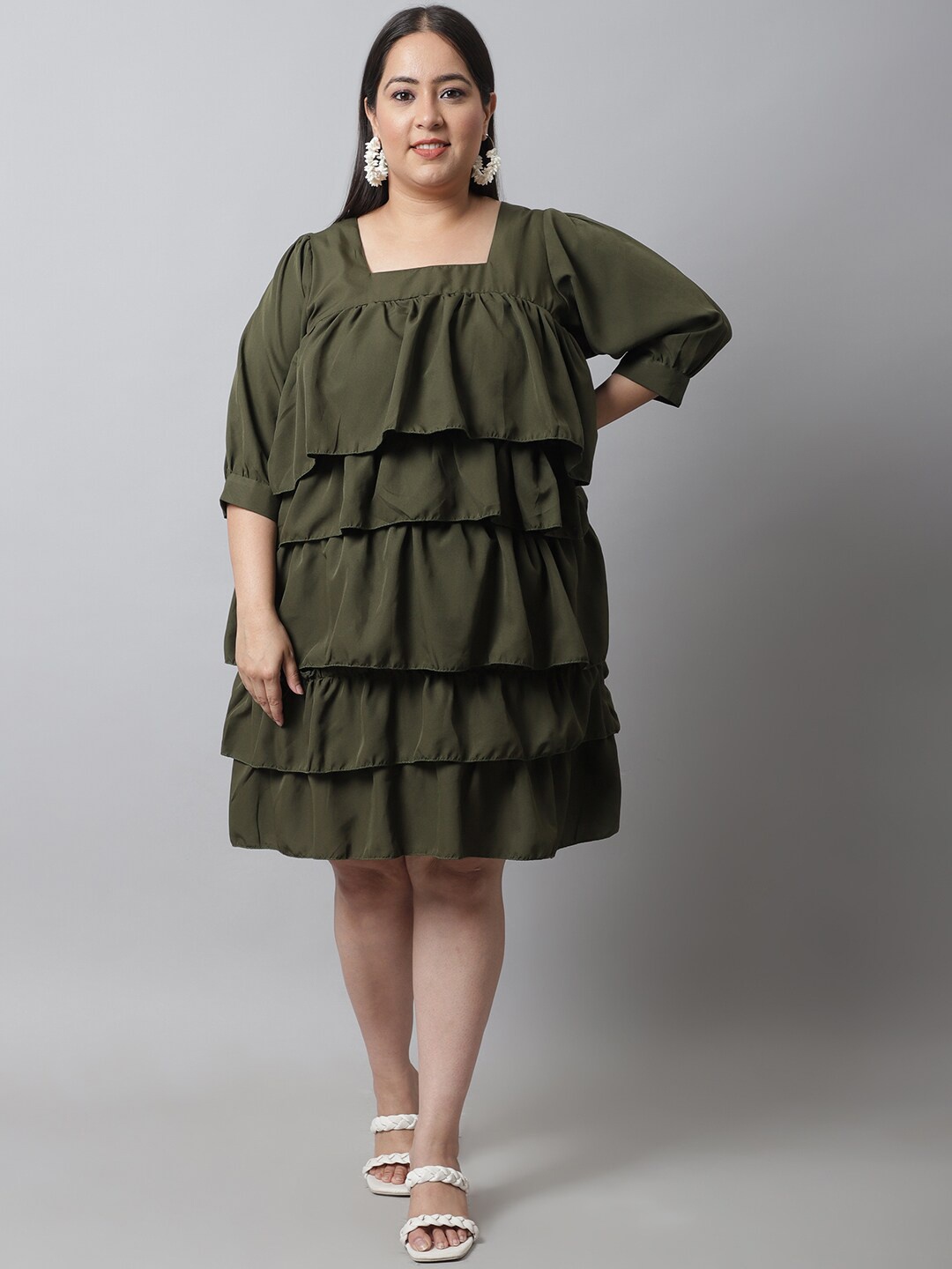 

Flambeur Plus Size Square Neck Blouson Dress, Olive