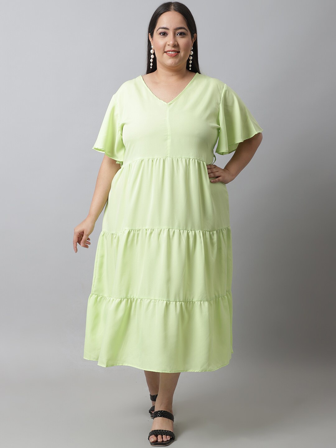 

Flambeur Plus Size V Neck Fit & Flare Dress, Green