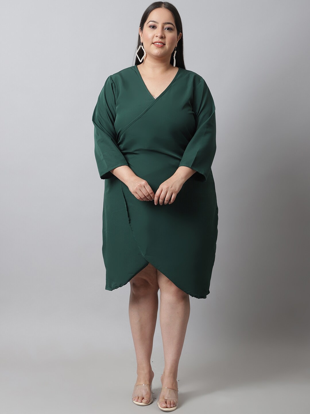 

Flambeur Plus Size V Neck Wrap Dress, Green