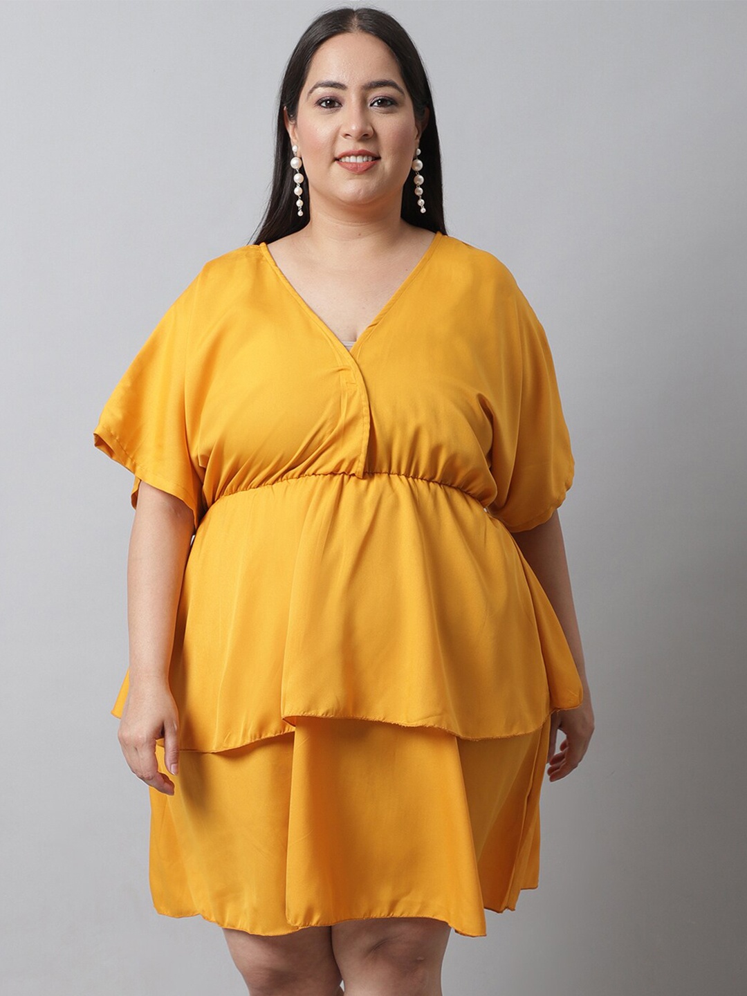 

Flambeur Plus Size V Neck Empire Dress, Mustard
