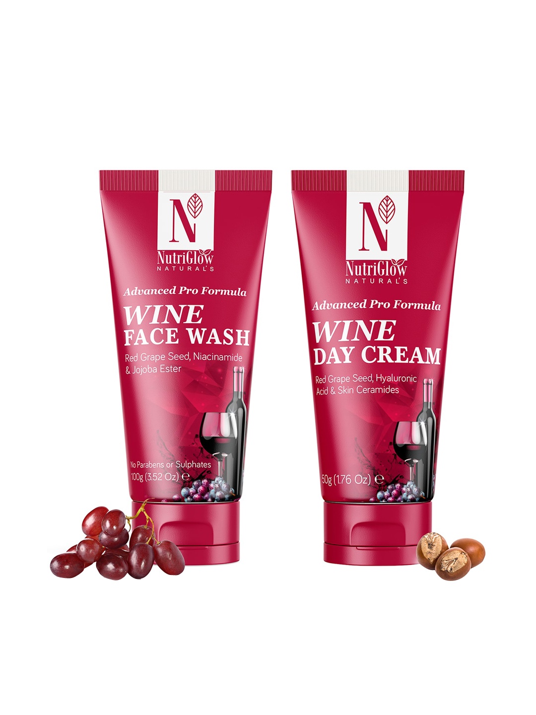 

NutriGlow Naturals Set of Advanced Pro Formula Wine Face Wash 100 g & Day Cream 50 g, Red