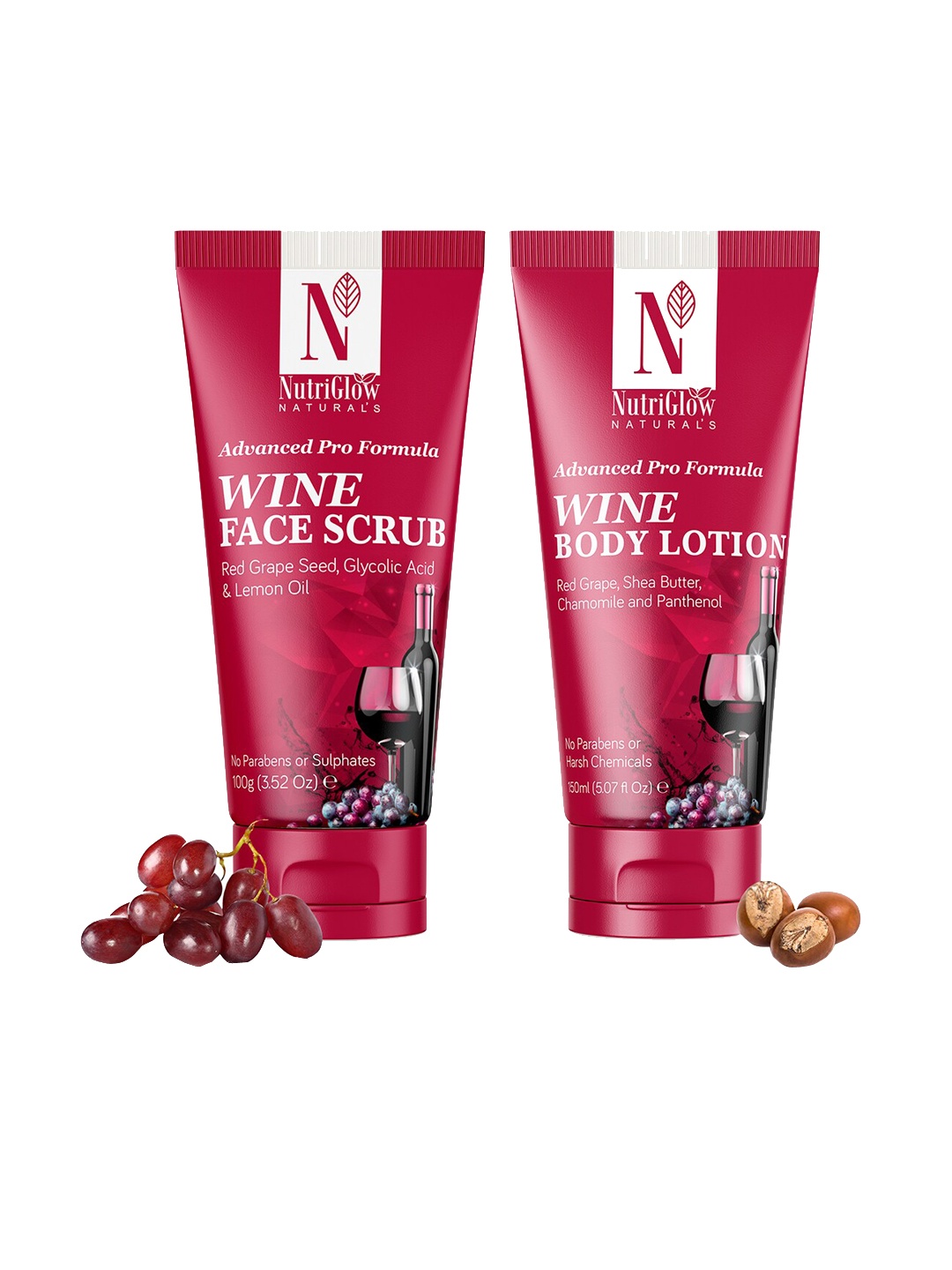 

NutriGlow Naturals Set of Wine Face Scrub - 100 g & Wine Body Lotion - 150 ml, Burgundy