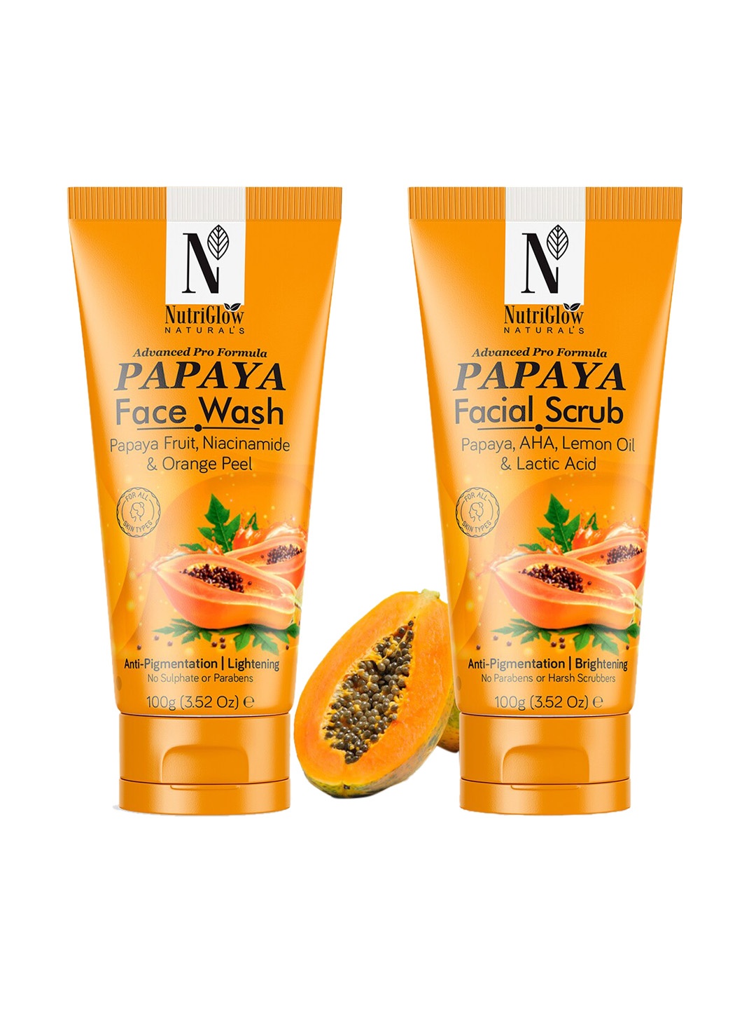 

NutriGlow Naturals Set of Papaya Face Wash & Papaya Face Scrub - 100 g each, Yellow