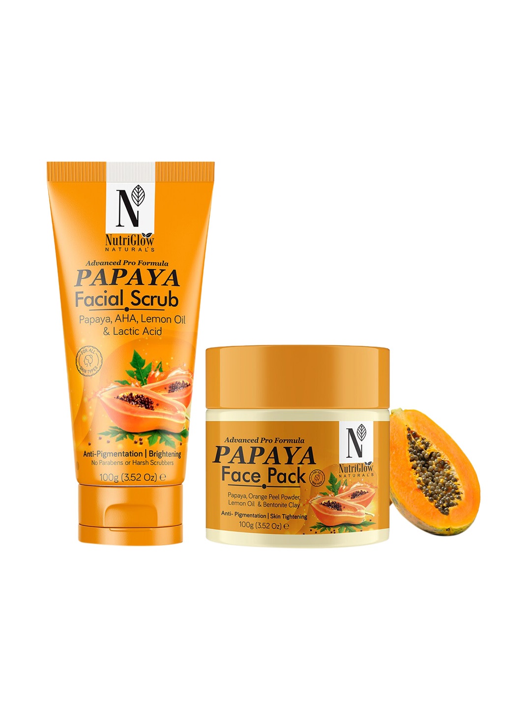 

NutriGlow Naturals Set of Papaya Facial Scrub & Papaya Face Pack - 100 g each, Yellow