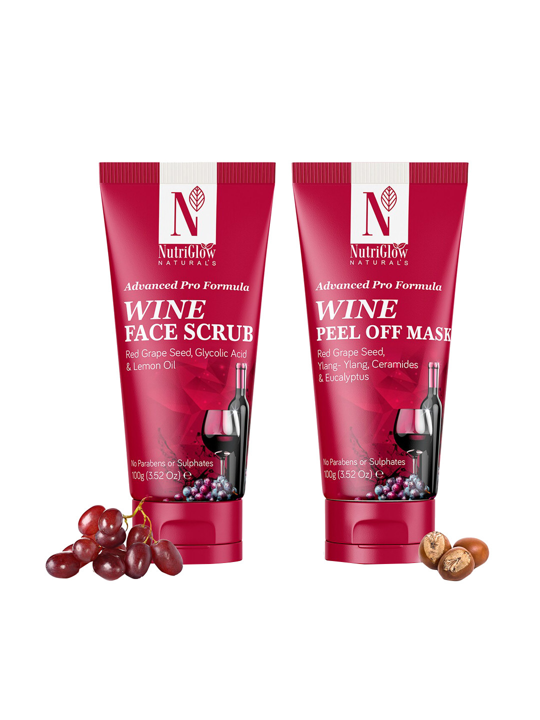 

NutriGlow Naturals Advanced Pro Formula 2-Pieces Wine Face Scrub With Wine Peel Off Mask 100g Each, Maroon
