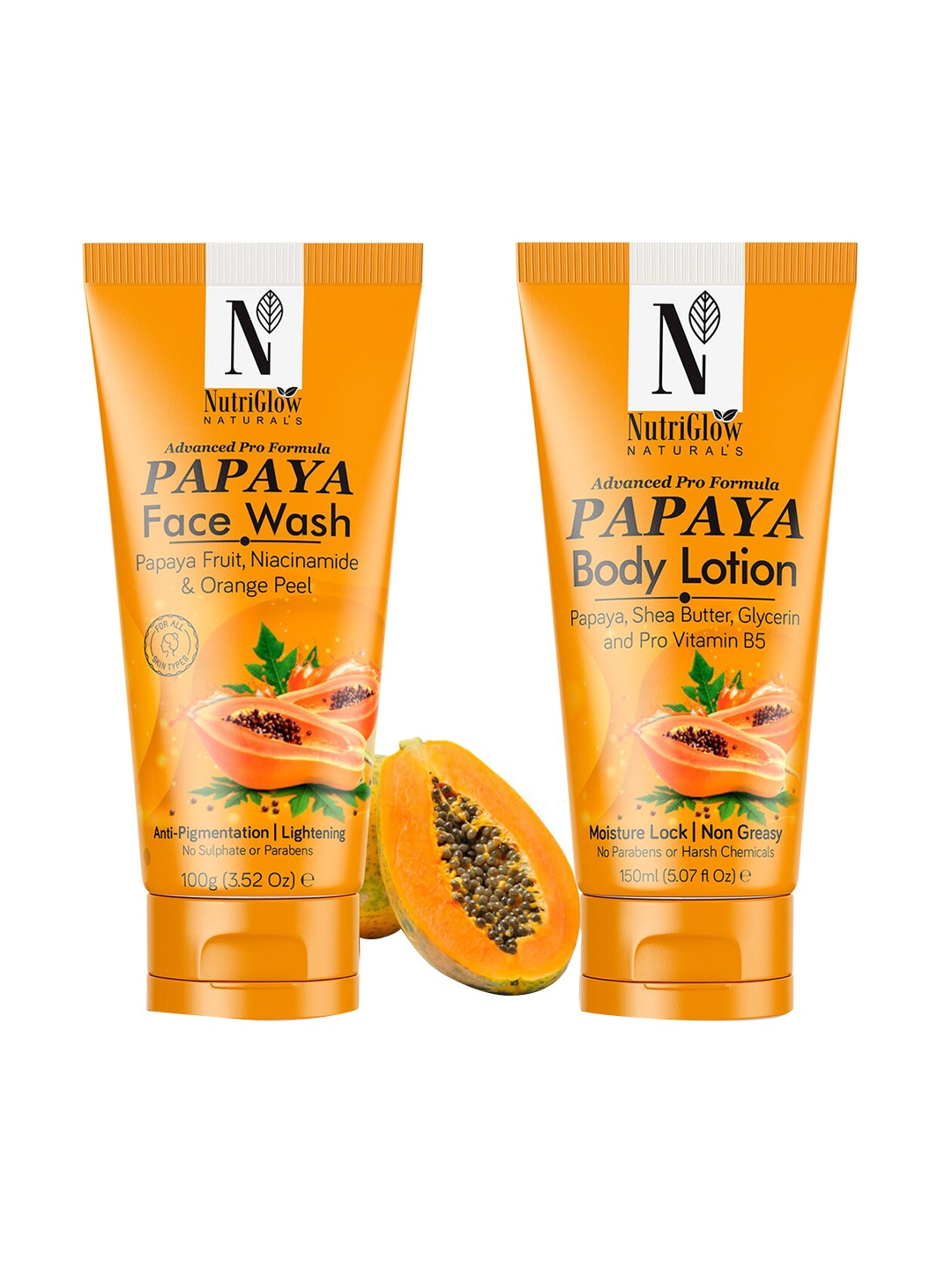 

NutriGlow Naturals Papaya Face Wash-100gm & Papaya Body Lotion-150 ml, Yellow